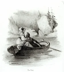 Alphonse de Lamartine (1790-1869) na Elvire kwenye Ziwa huko Bourget, iliyochongwa na Alfred Lemercier swed.